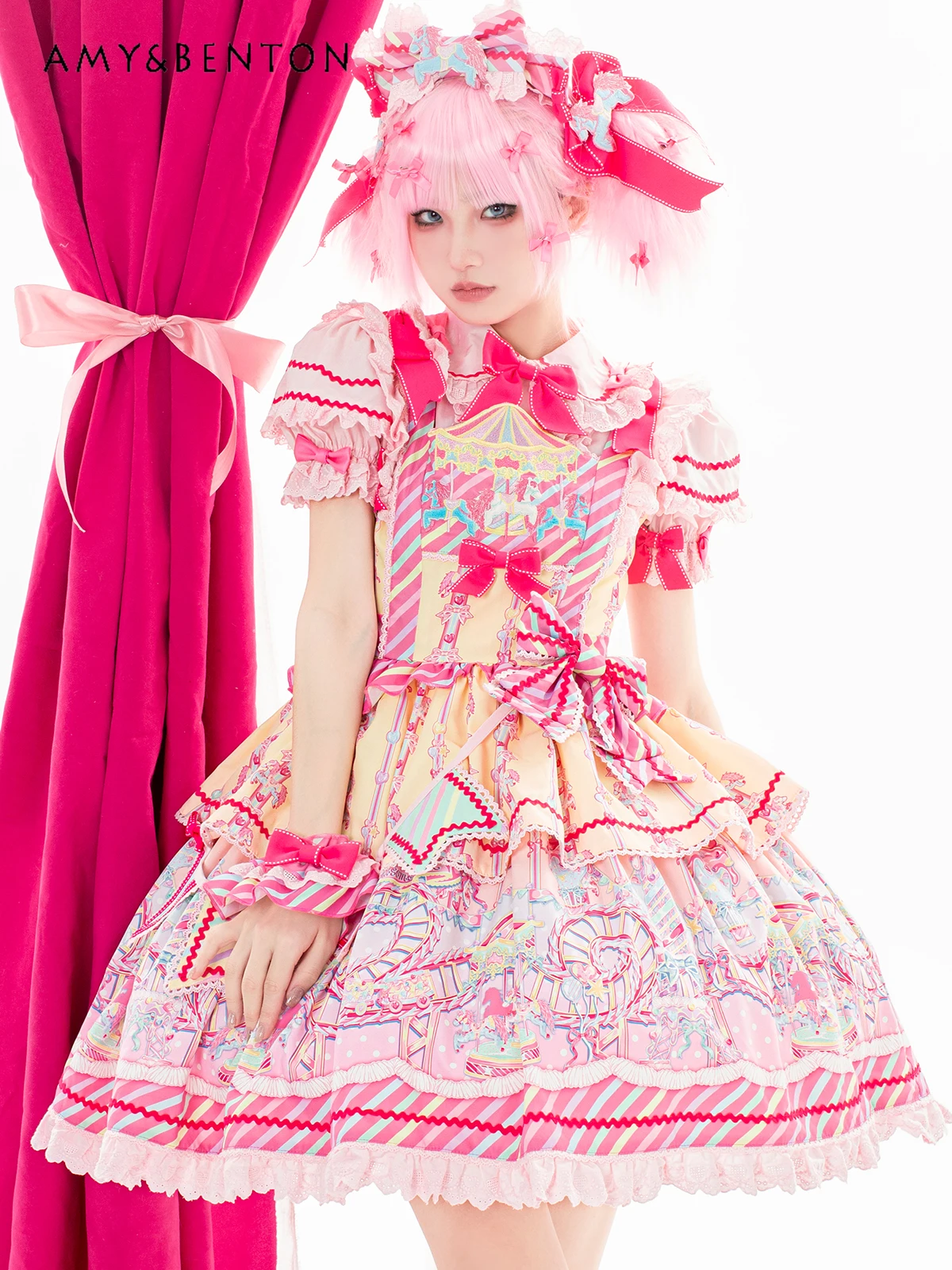 Doces parque de diversões jsk doce lolita vestidos bonito kawaii arco dos desenhos animados impresso retalhos vestido de baile fino mini vestido de verão