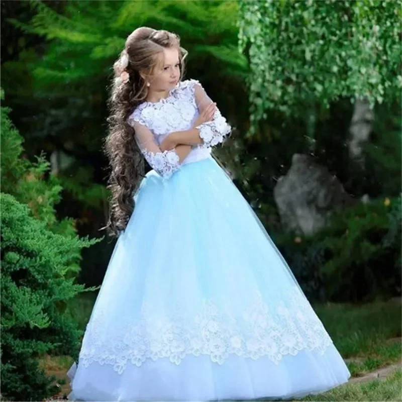 Vestidos de Fiesta formales de encaje blanco azul cielo encantador para invitados de boda, vestido de niña de flores con mangas, Corsst de alta joya