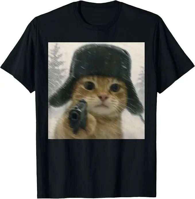 Wacky Cat Wearing Ushanka Hat Russian Meme Cat Humor T-Shirt Y2k Quirky Kitty Graphic Tee, Men's Fashion Snow Kitty Parody Shirt