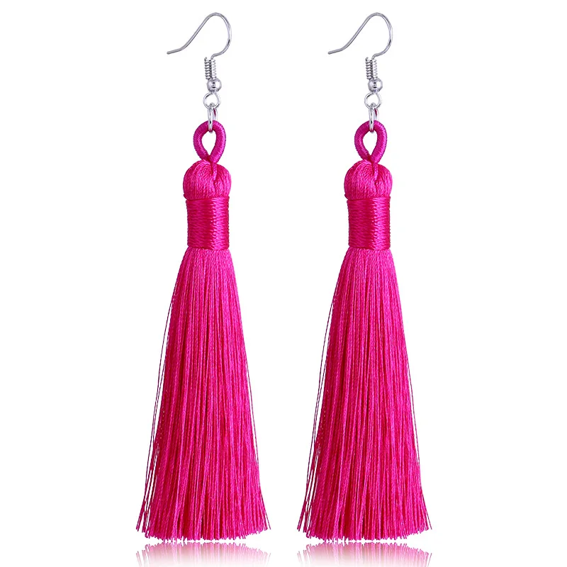 Women Tassel Earrings Bohemian Cotton Thread Cords Brush Drop Dangle Earrings Handmade Silk Fabric Long Hanging Earrings Jewelry