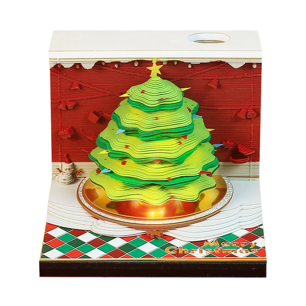 Omoshiroi Block 3D Notepad Mini Christmas Tree Led Lights 269Sheets 3D Memo Pads Diy Paper Notes 3D Sticky Notes Christmas Gift