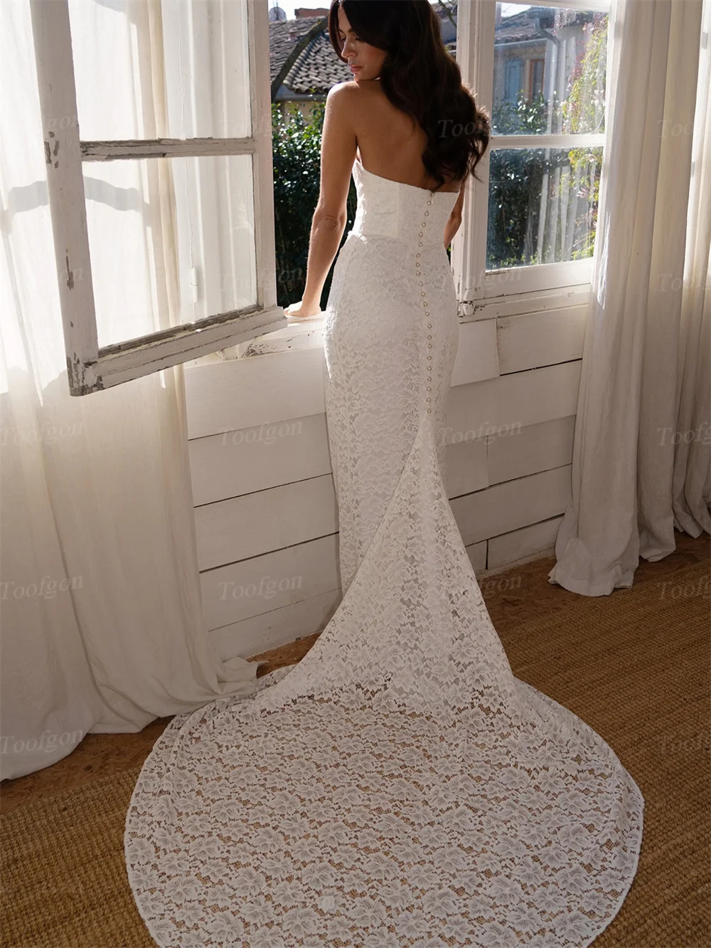 Toofgon Ivory Lace Bride Wedding Dresses Customized Long Train Jacket Bow Fishtail Formal Party Bridal Wedding Photography Gowns