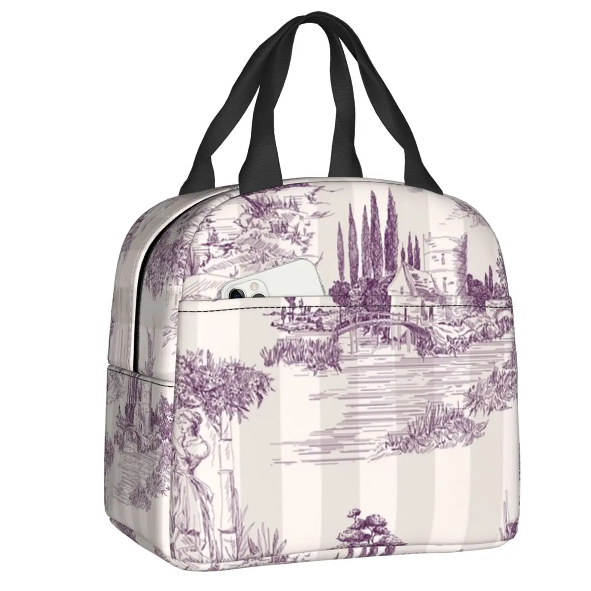 

Custom Toile De Jouy Soft Plum Striped Vintage Print Design Insulated Lunch Bags Women Portable Cooler Thermal Food Lunch Box