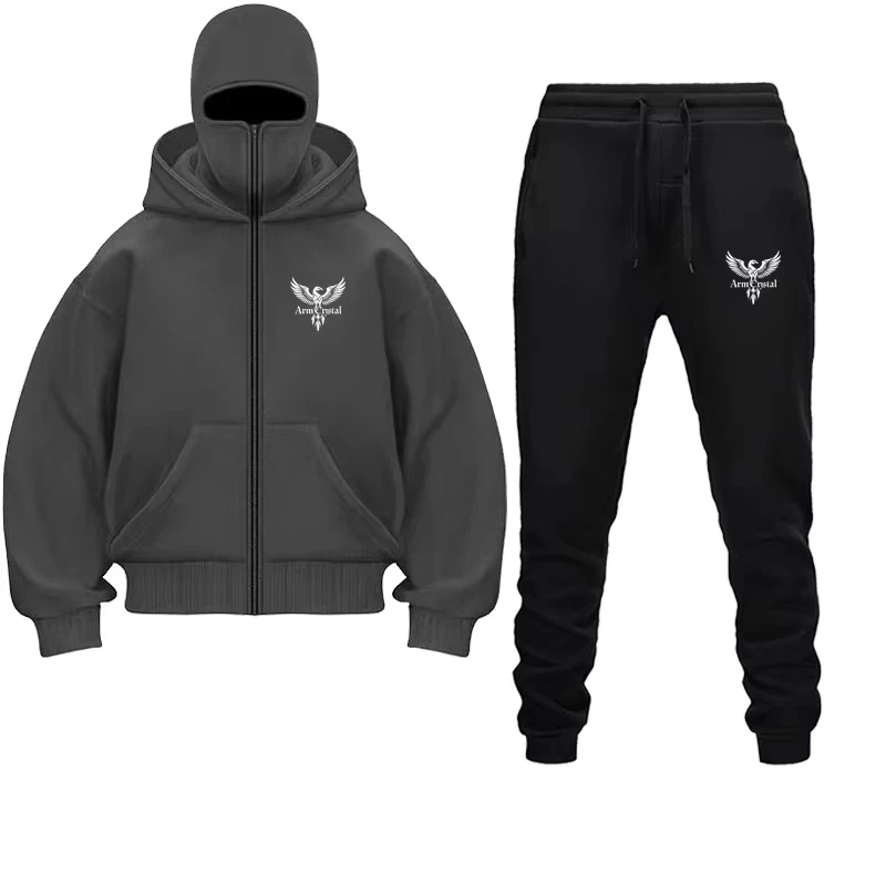 Hip Hop Double Hat Hoodies Pants Set Unique Design Balaclava Face Mask Hoodie Zipper Cardigan Sweatshirt Couple'shigh Street Set
