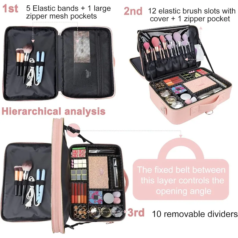 Travel Makeup Case Portable Makeup Train Case Organizer Cosmetic Bag with Adjustable Dividers and Shoulder Strap for