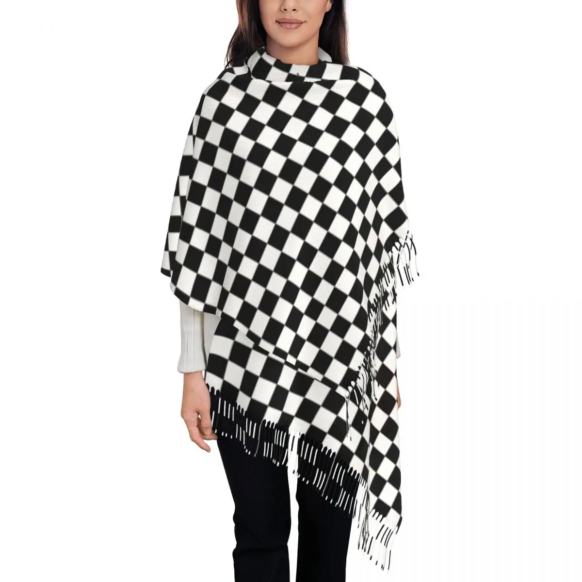 

Fashion Black And White Checkered Tassel Scarf Women Winter Warm Shawl Wrap Lady Geometric Checkerboard Scarves