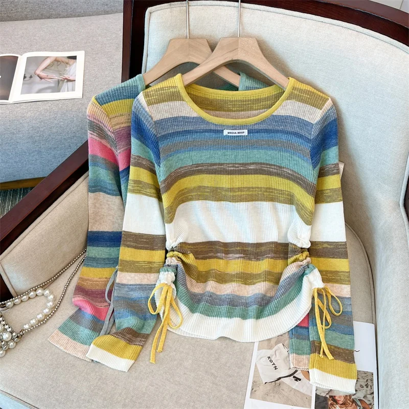 Design sense fashion rainbow stripes slim new style casual drawstring irregular round neck knit sweater tops women bottoming top