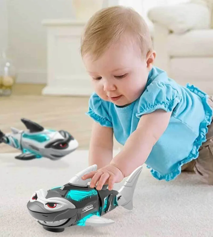 Electric Walking Shark Robotic Toy With Flashing Lights Music Sound EffectsAuto Drive Omnidirectional Crawling Fish Gift For Kid