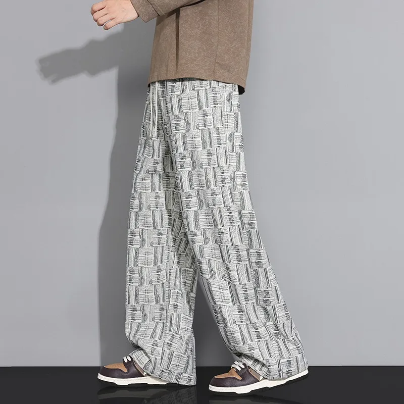 

Men's Geometric Print Corduroy Casual Pants Drawstring High Waist Loose Wide Leg Straight Trousers