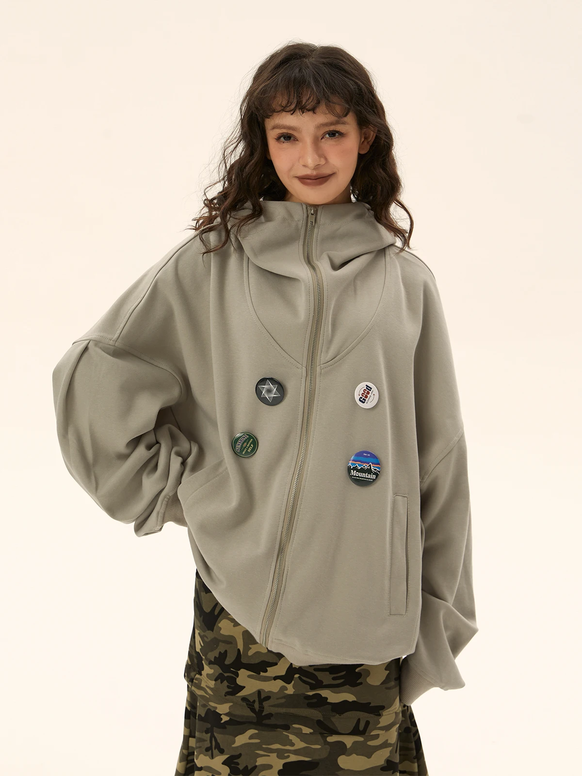 

Cardigan sweater jacket women's American retro gray spring and autumn loose and versatile fashion hooded simple with accessories