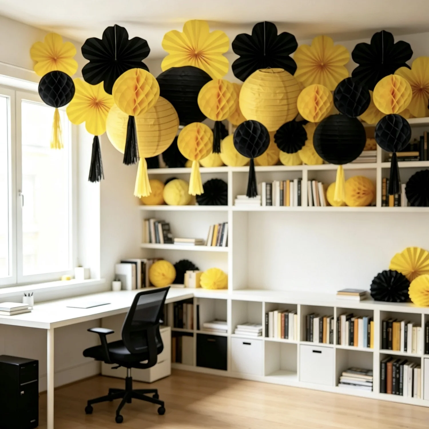 56PCS Black Yellow Paper Honeycomb Flower Fan Tassels Lantern Set for Christmas New Year Halloween Graduation Party Decorations