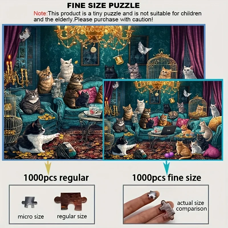 Puzzle per adulti da 1000 pezzi: mini puzzle rettangolare infernale difficile (38X26 cm/14,96X10,24 pollici), con gatti e dorati di lusso