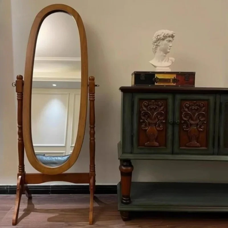French Retro Solid Wood Floor Mirror Medieval Living Room Bedroom Dressing Mirrors Clothing Store Full-body Fitting Mirror