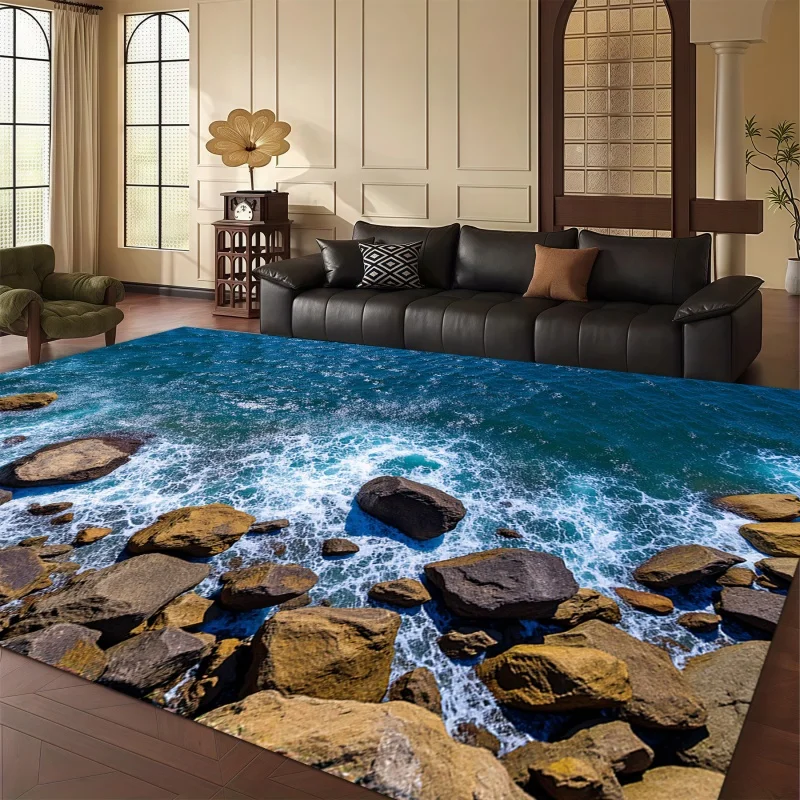 Realistic Ocean Wave Rocky Seaside Coastal Large Area Rug, Natural Beach Scenery Non-slip Floor Carpet for Living Room Sofa