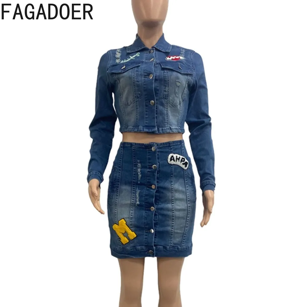 FAGADOER Fashion Embroidery Elastic Denim Two Piece Sets Women Turndown Collar Long Sleeve Button Crop Top And Min Skirt Outfits