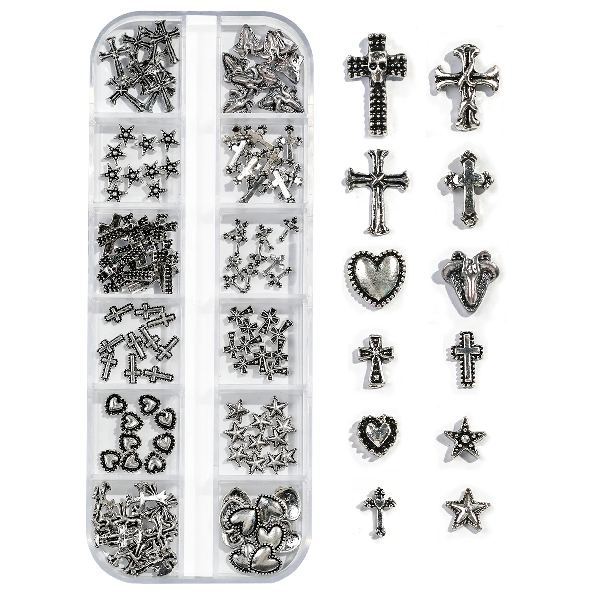 12 Grids Vintage Cross Shaped Zinc Alloy Jewelry Nails Supplies Heart&Star Shaped Metal y2k Nail Art Decoration For Women Girls