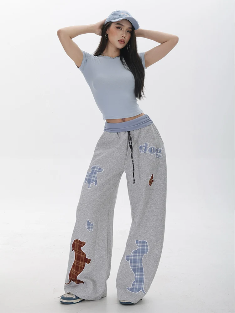 High Waist Wide Leg Jazz Dance Pants Women's Loose Fit Street Style Patchwork Dog Embroidery Sweatpants Retro Style Casual Tr...
