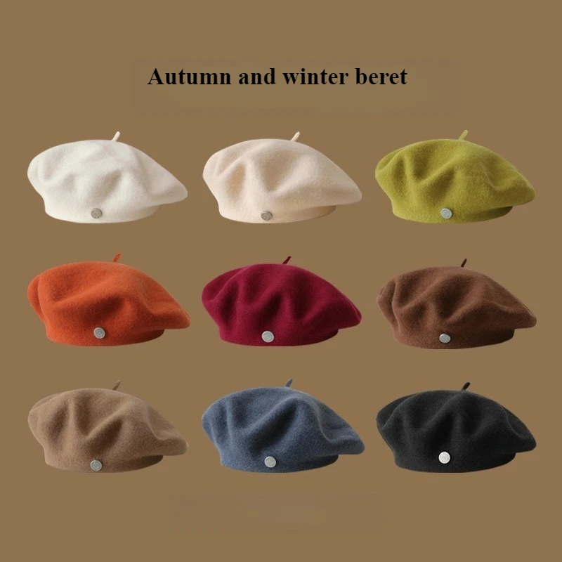 

Korean Style Ins Versatile Beret Autumn and Winter Retro Style Literary Painter Hat Solid Color Woolen Beret for Men and Women