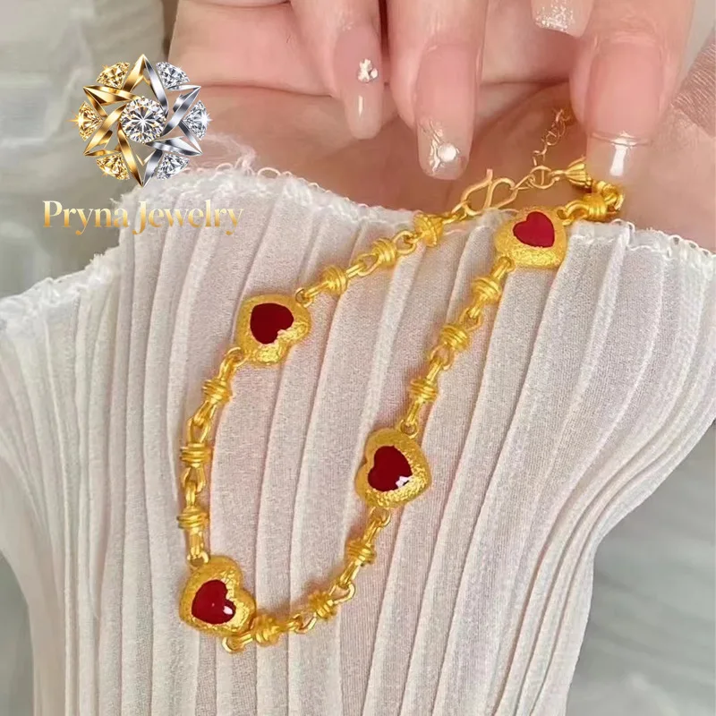 

Pryna Jewelry 9999 Burning Blue Heart Ting with You Bracelet 24K Real Gold Retro Fashion Versatile Show White and Red Hearts D