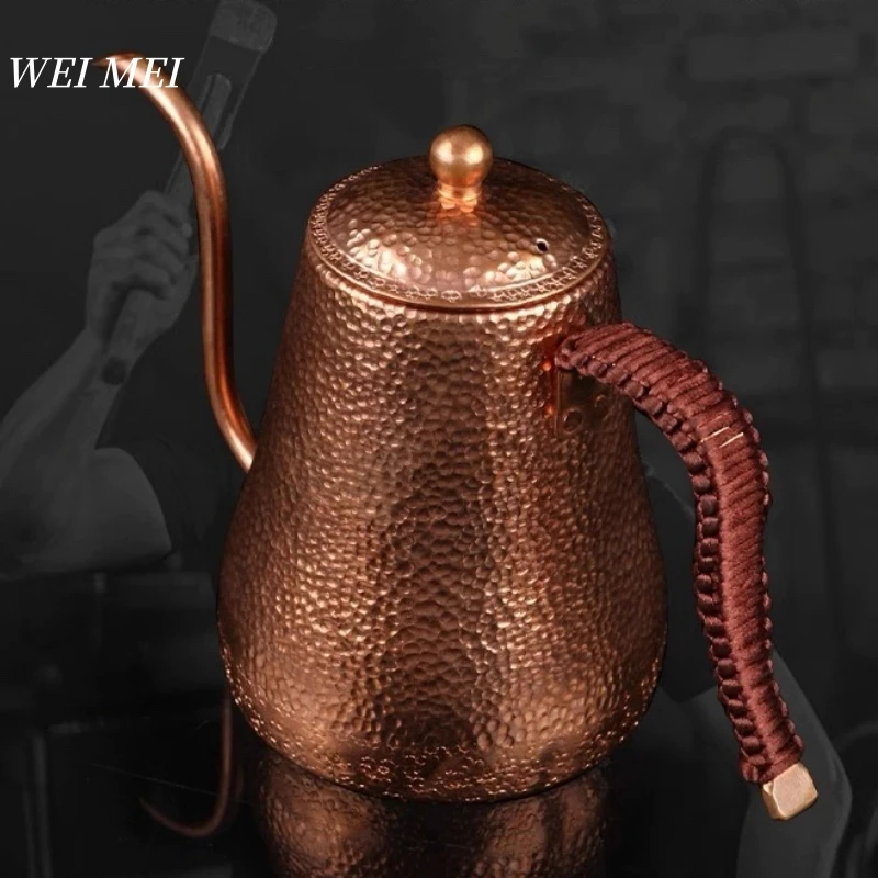 

Винтажный медный кофейник ручной работы, для кипячения чая и заваривания кофе, тканая ручка, гравировка, текстура молотка, горшок, посуда