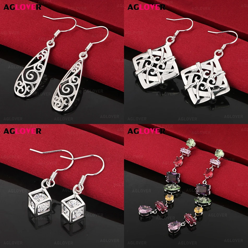 

AGLOVER 925 Sterling Silver Patterned Square Hollow Hanging Earrings For Women Elegant And Cute Party Holiday Gift Jewelry