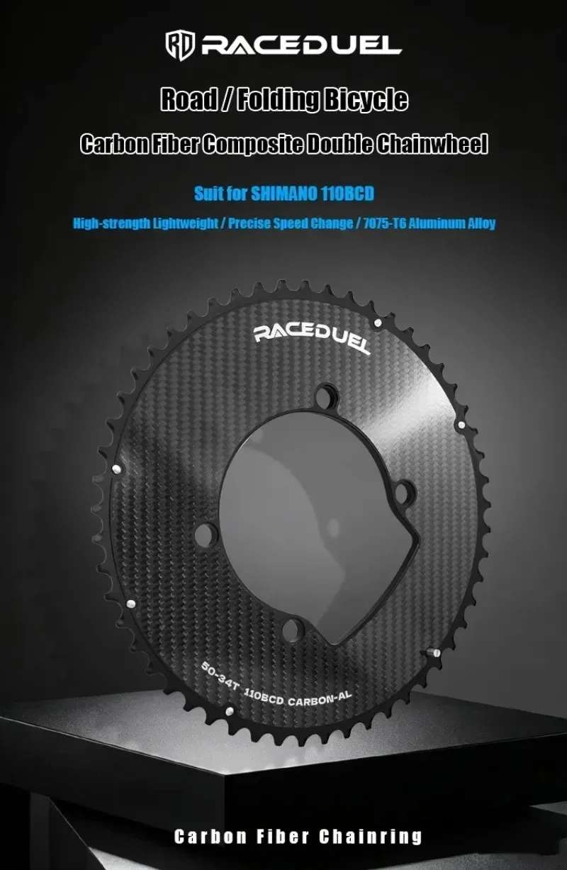 RACEDUEL 110BCD Carbon Crankset 11/12 Speed Double Chainring for Shimano R7000 R8000 R9100 R9200 50-34T/52-36T/53-39T/54-40T