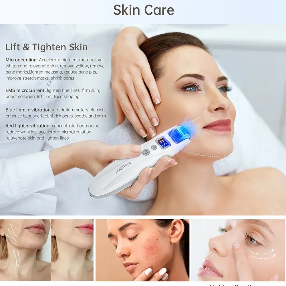 Hallo gesicht derma roller g5 mit 2 stücke titan roller kopf 540 nadel ems led rot blau lichttherapie mikrostrom gerät