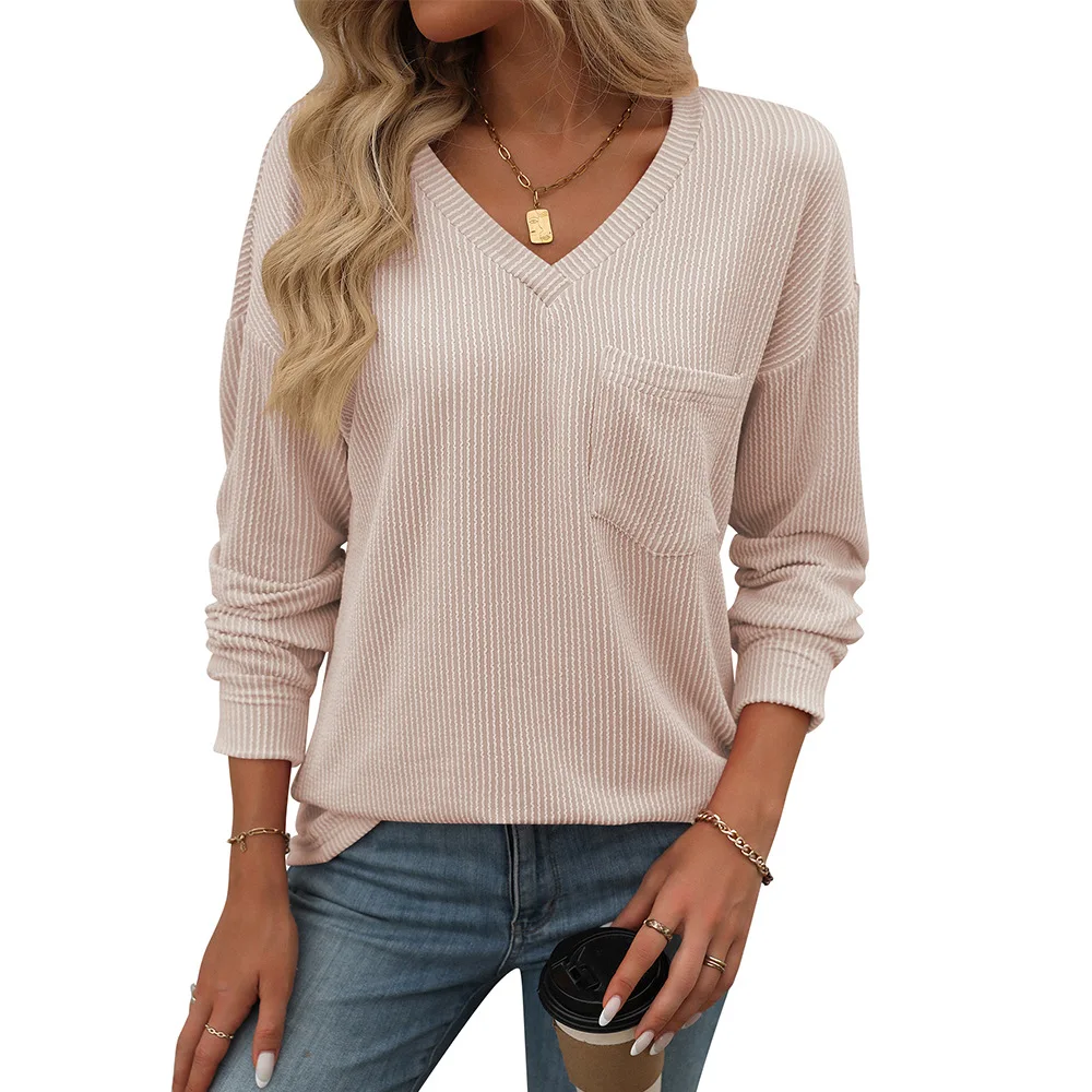 

New Autumn and Winter V-neck Twisted Strip Pocket Long Sleeve Color Block Casual Loose T-shirt for Women