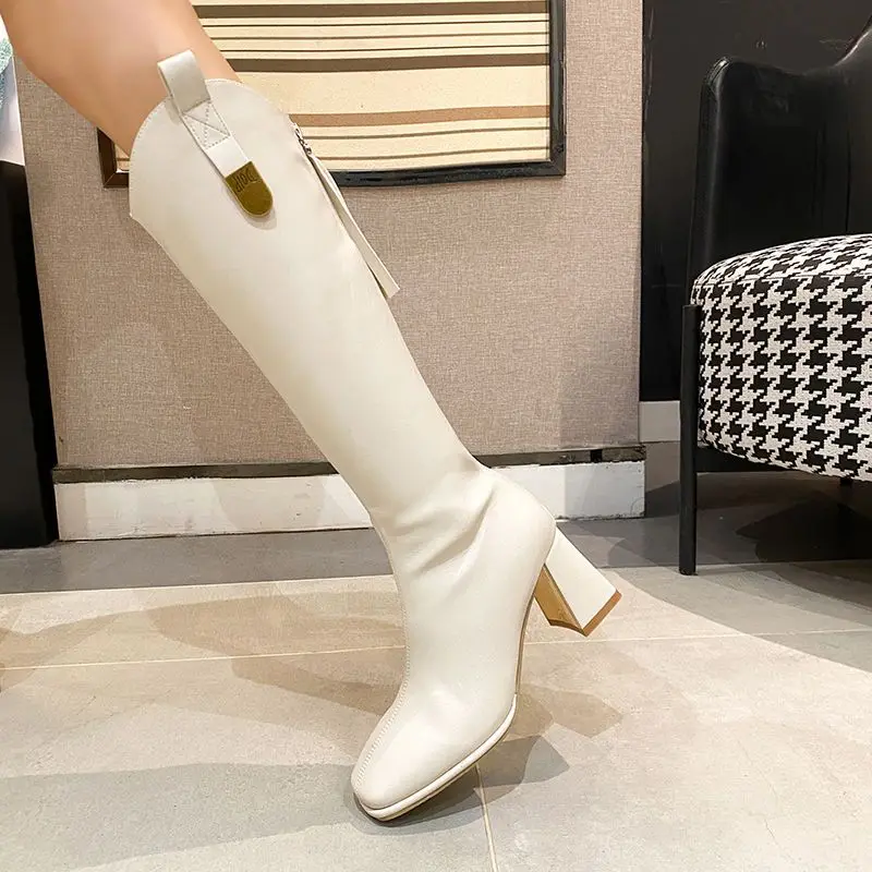 Footwear Elegant Heeled Shoes for Woman High Heels Women's Boots Long Winter Knee Shaft Square Toe White Tassel Demi-season Hot