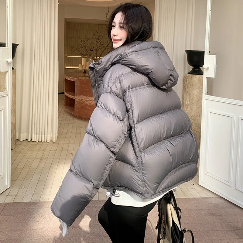 Winter Short Hooded Puff Down Jacket Female Warm Pocket Waterproof Jackets Women White Duck Down Zipper Parker Fluffy Outwears
