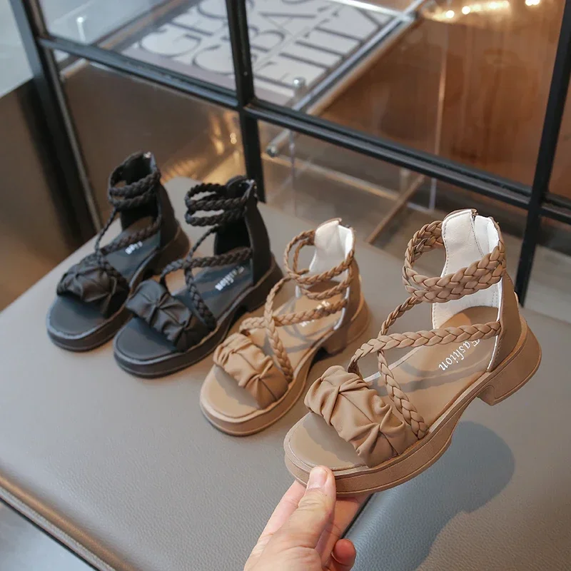 

Summer Girls Woven Sandals Fashion Beach Kids Hollow-out Gladiator Sandals Thick Soled Children Open-toe School High-top Sandals