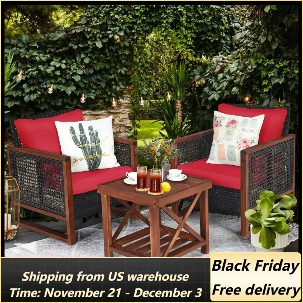 Wicker Furniture Set, Garden Sofas Rattan Outdoor Sofa Set Cushion & Acacia Wood Conversation Bistro Garden Red Garden Sofa