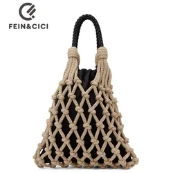 Designer Braided crochet net bag Women shoulder bag Casual summer khaki woven beach bucket tote handbag purse khaki 2022 new