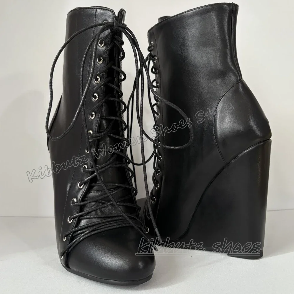 

Lace-Up Wedges Ankle Boots Leather Solid Color Fashion Elegant Novelty Luxury Sexy Zipper Women Shoes New Round Toe Comfortable