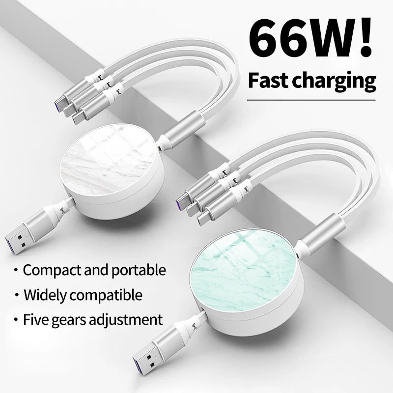 3 In 1 USB Fast Charging Cable Retractable 6A/66W Type C Charger Cord Data Cable For iPhone Xiaomi Huawei Oppo POCO Wire