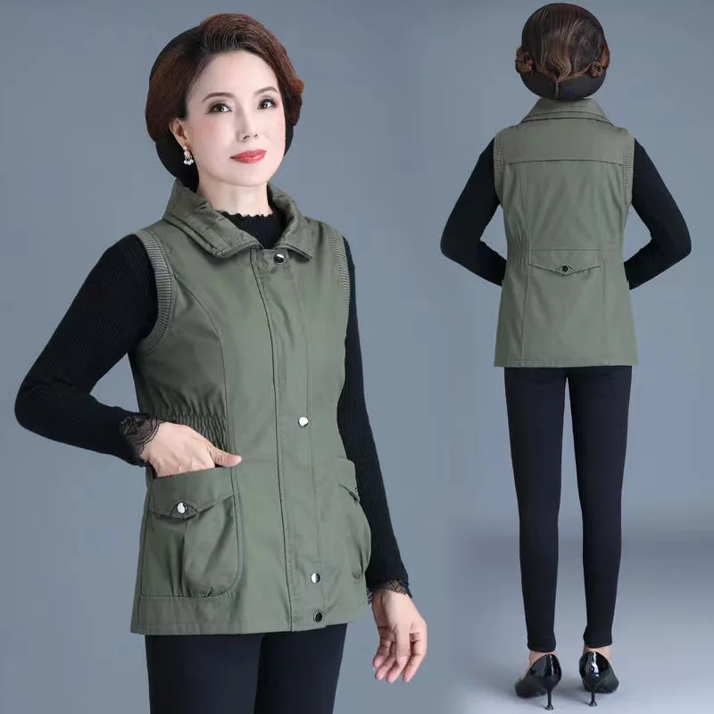 

Весна-Осень 2024, женский жилет, новинка, женское облегающее пальто без рукавов, однотонный Повседневный жилет на молнии для мам среднего возраста, верхняя одежда