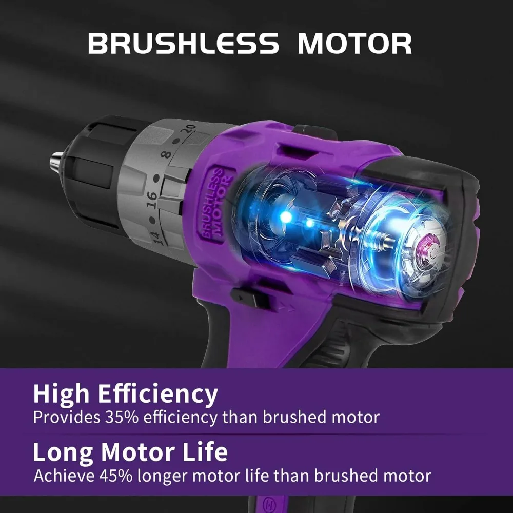 

20V Cordless Drill Set with Compact Power Driver, Purple Electric Motor, Over 20 Torque Settings, 48 N.m Torque, Dual Speed Opti