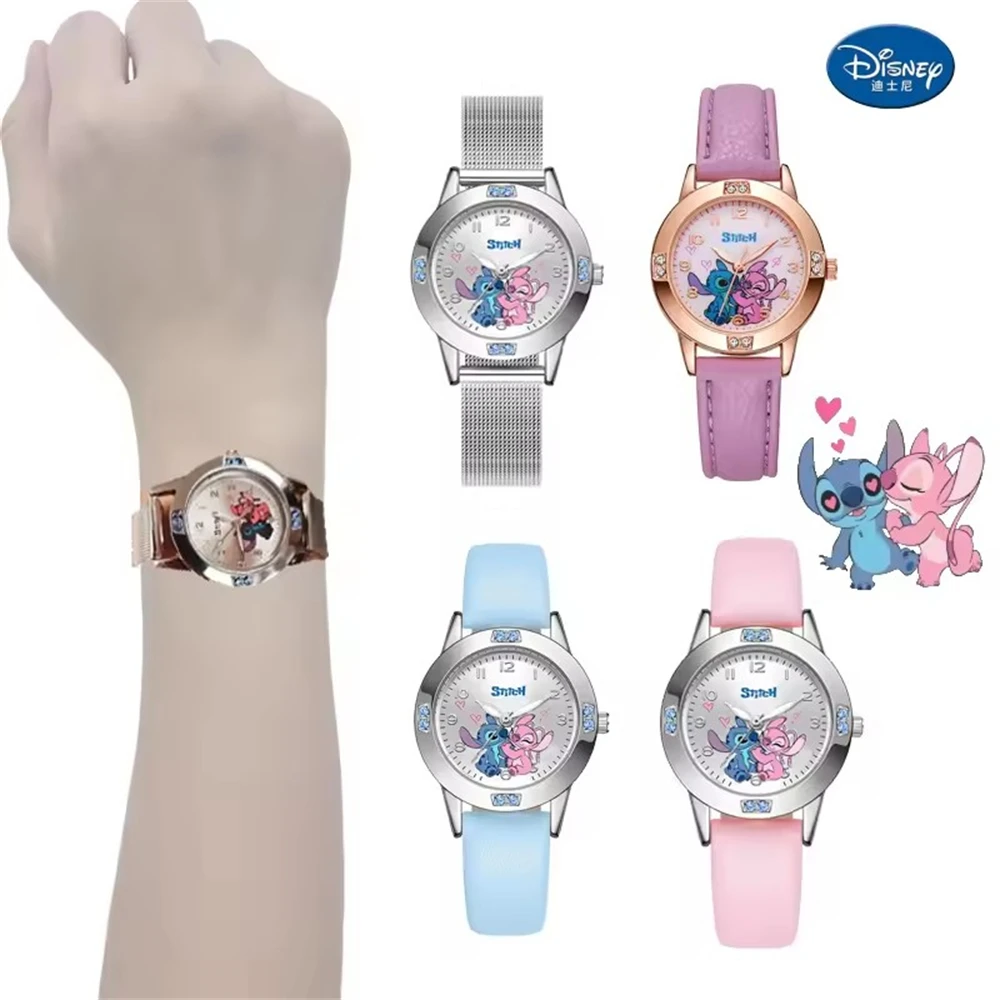 Anime Figures Disney Stitch Girl's Watches Diamond Quartz Watch Boys Girls Stitch Cartoon Leather Wristwatches Kids Toys Gifts