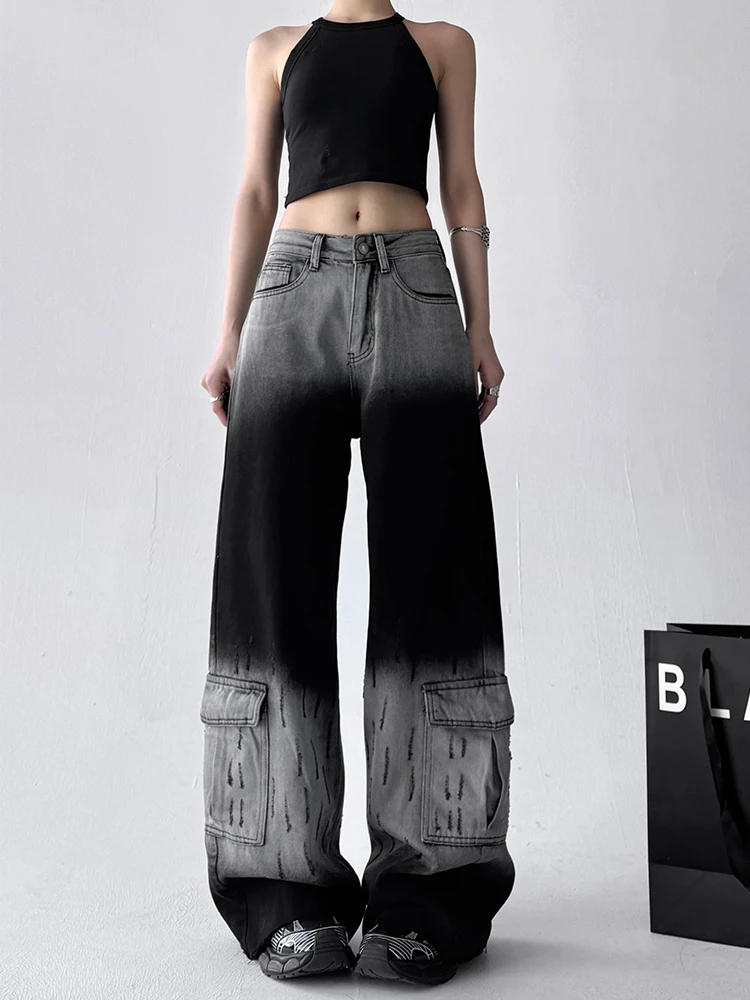 Pantalones de trabajo de pierna ancha de cintura alta Retro para mujer primavera 2025 adelgazantes Color adient más alto corte recto pantalones vaqueros de mezclilla