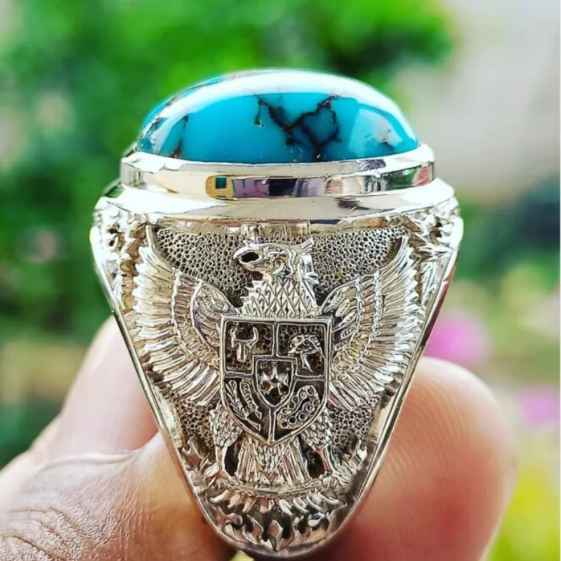 Fashion Retro Trend Personality Design Men\'s Ring Green Natural Stone Russian Empire Double Eagle Punk Style Jewelry Gift