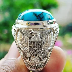 Fashion Retro Trend Personality Design Men's Ring Green Natural Stone Russian Empire Double Eagle Punk Style Jewelry Gift