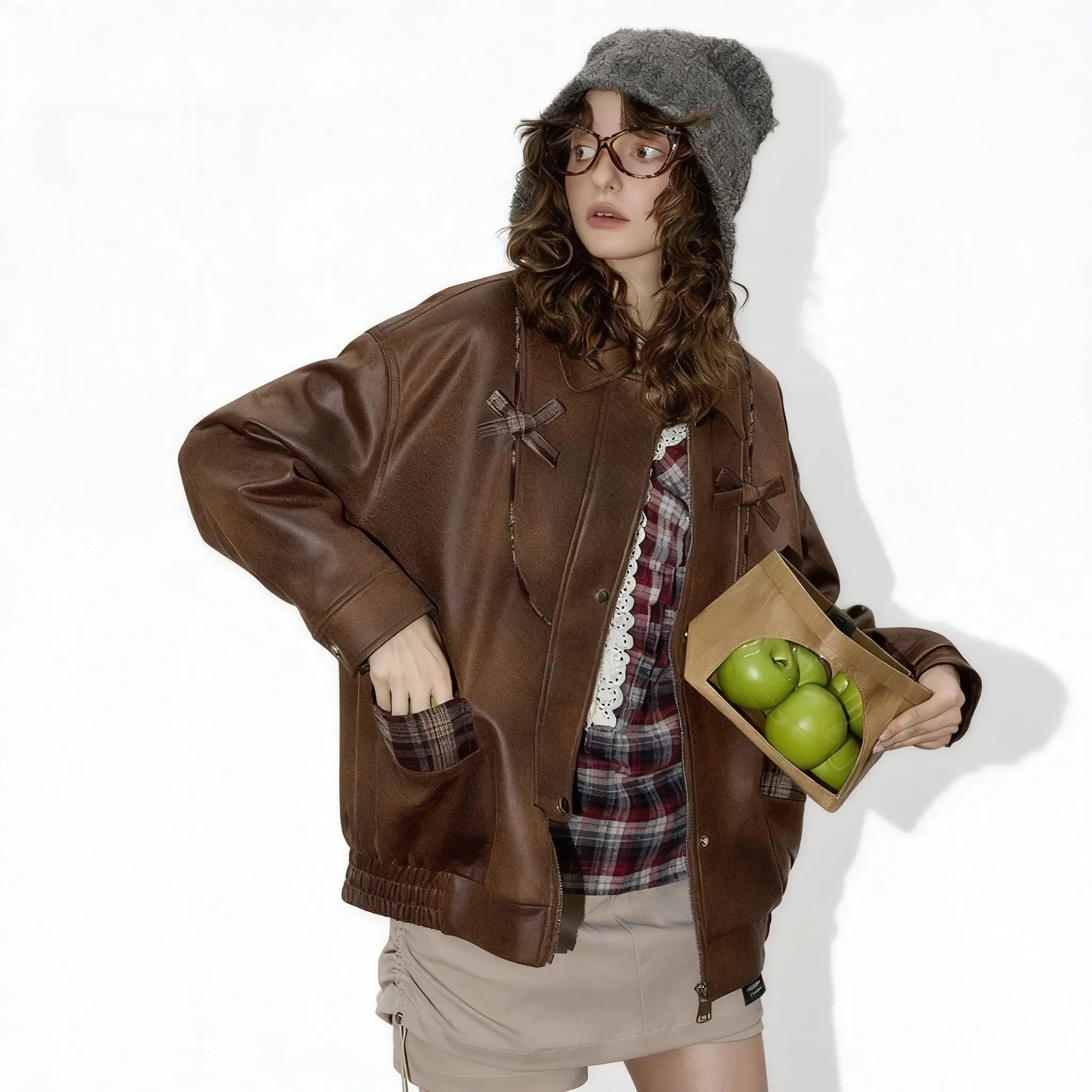 Veste courte en cuir pour femme, Vintage, Style Y2K, coupe ample, Plaid, Patchwork, Design rétro, surdimensionné, vêtements d'extérieur d'automne, nouvel arrivage