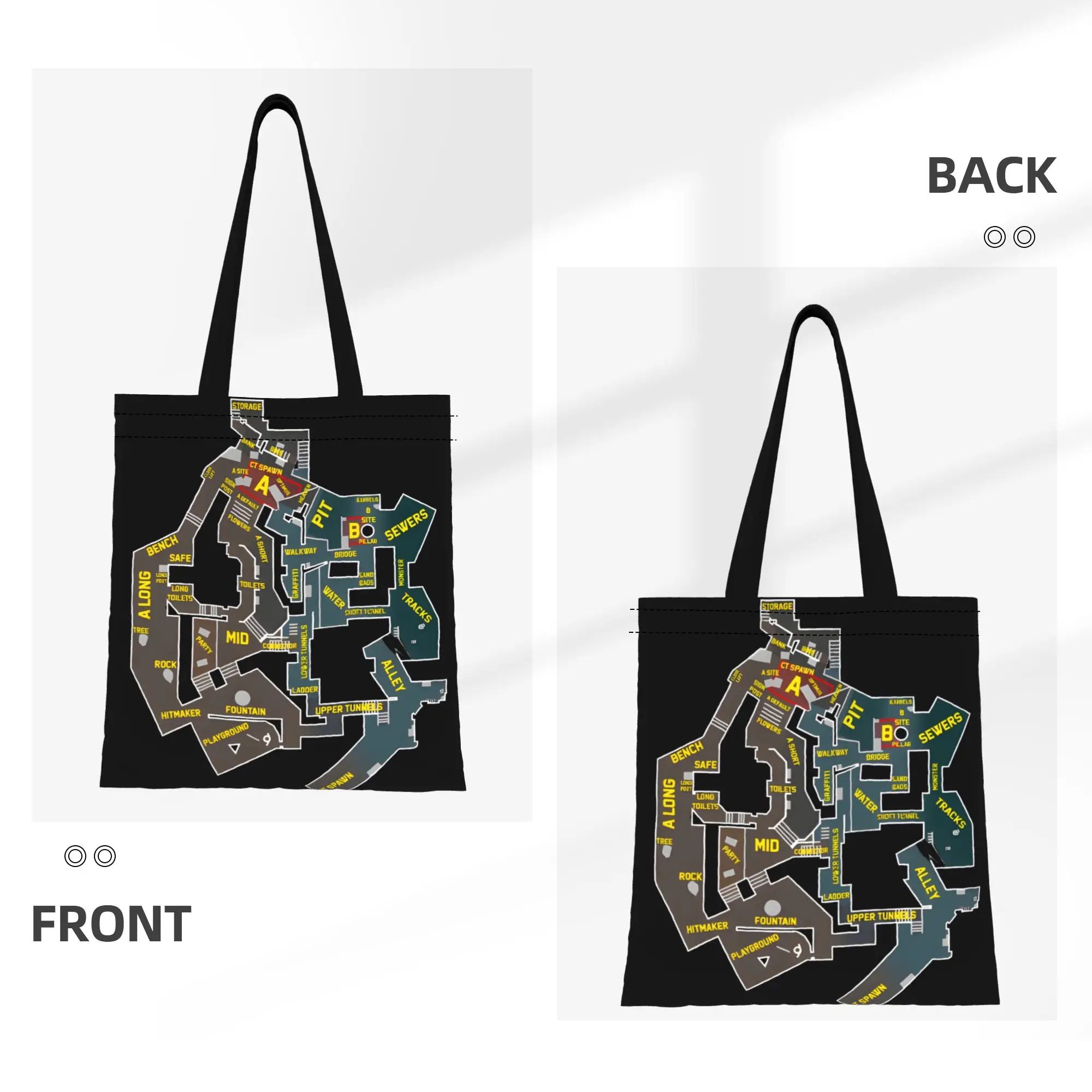 1PC Large Capacity Overpass Map CS-GO FPS Game Fans Canvas Tote Bag Foldable Chic Pattern No Closed Design