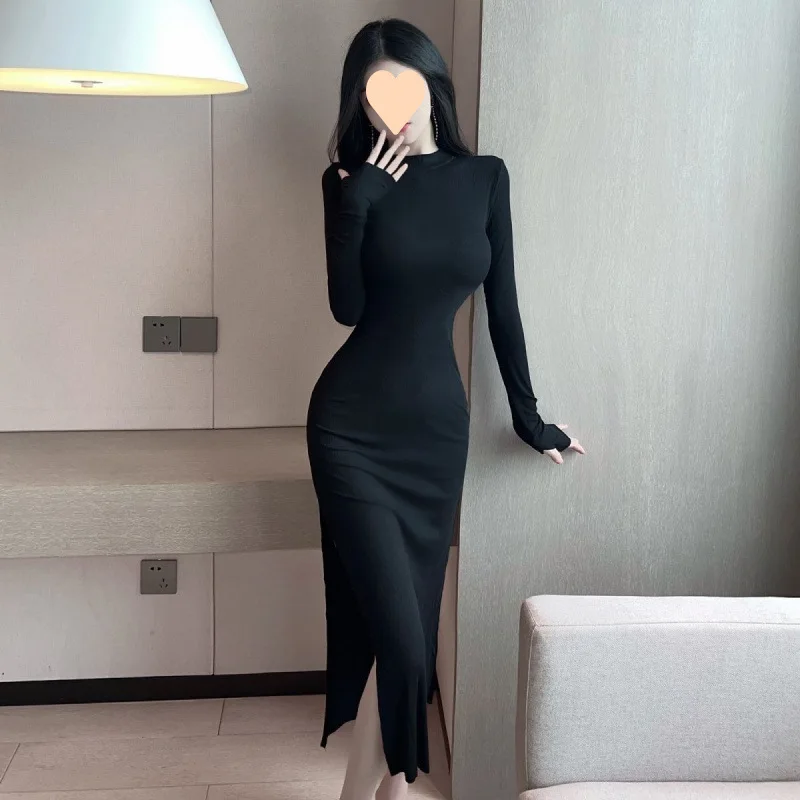 

Pure Desirable Sexy Women's Dress Enhances Bust Size Shows Body Shape Stand Collar Long Sleeve High Slit Bodycon Long Dress Slim