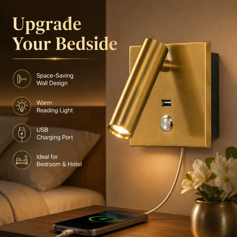 

Minimally Designed LED Reading Wall Light with Switch Bedroom Headboard High-end Feel and USB Charging Wall Mounted Light