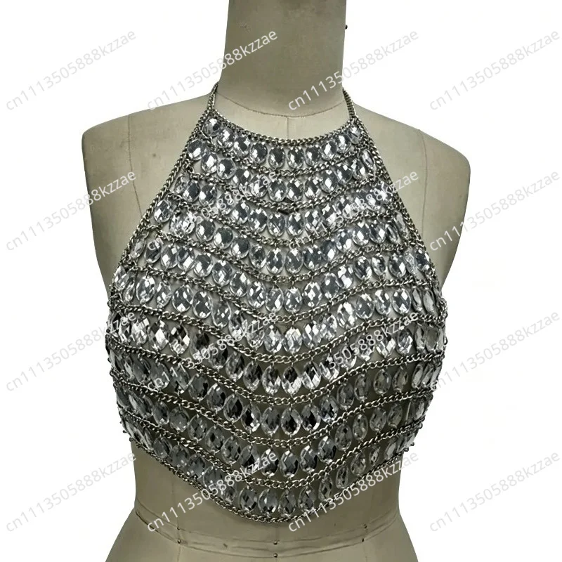 Metal Diamond Shaped Gemstone Hollowed Out Necklace, European And American Sexy Gemstone Inlaid Fashion Cover Bead Top