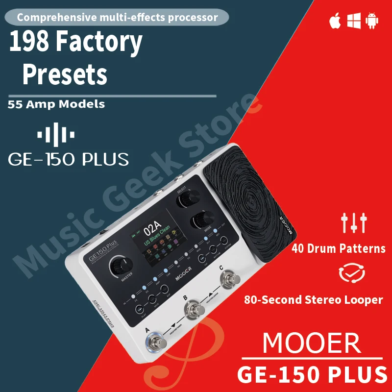 Mooer GE150 Plus/GE150 Plus Li Compact Guitar Multi Effects Processor Preamp Cab Sim Reverb Delay Spill Over 198 Preset Tones