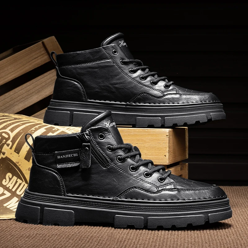 

Men Boots Autumn Leather Waterproof Mid-top Sports Shoes New Fashion Ankle Boots Casual Outdoor Hiking Boots Shoes Male Sneakers