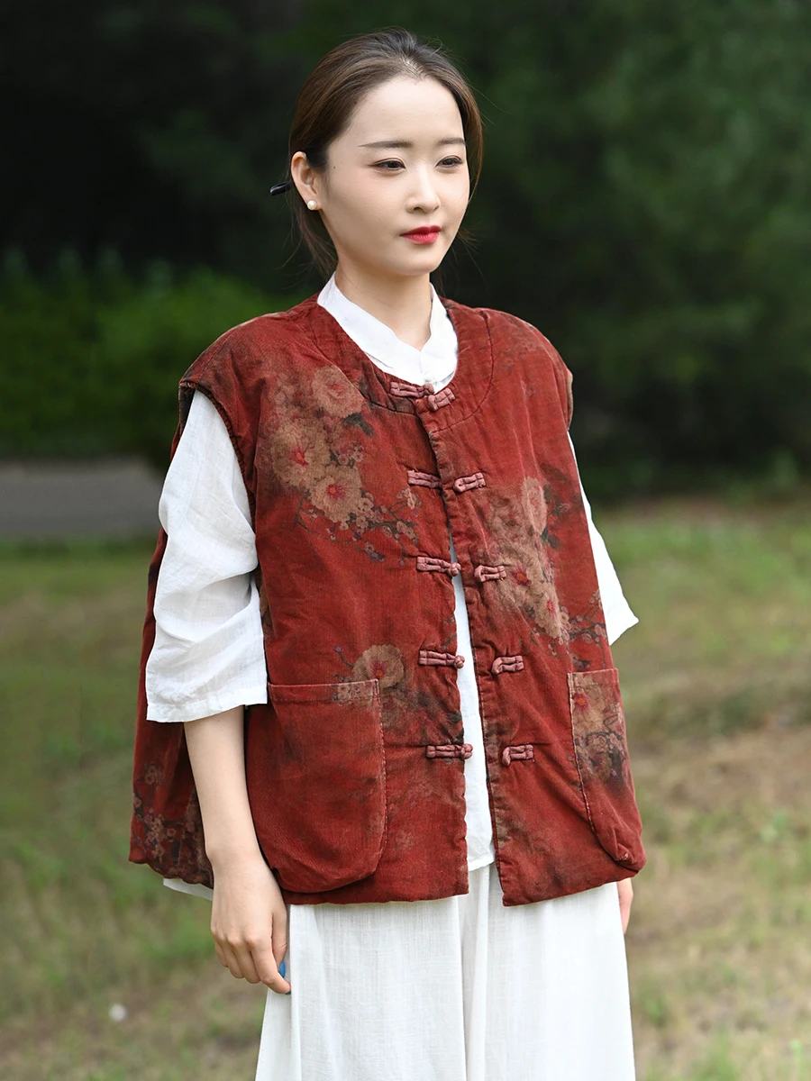 

Warm Cotton Linen Jaet Original Design Loose Fit Ethnic Sle Women's Vest round Ne Single Button Closure Floral Pattern