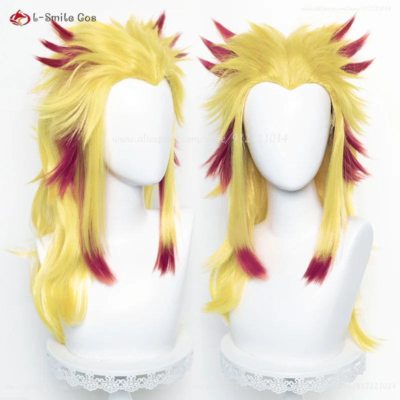 Anime Rengoku Kyoujurou Cosplay Wig 65cm Long Golden Yellow Mixed Red Wigs Heat Resistant Synthetic Hair Halloween + Wig Cap